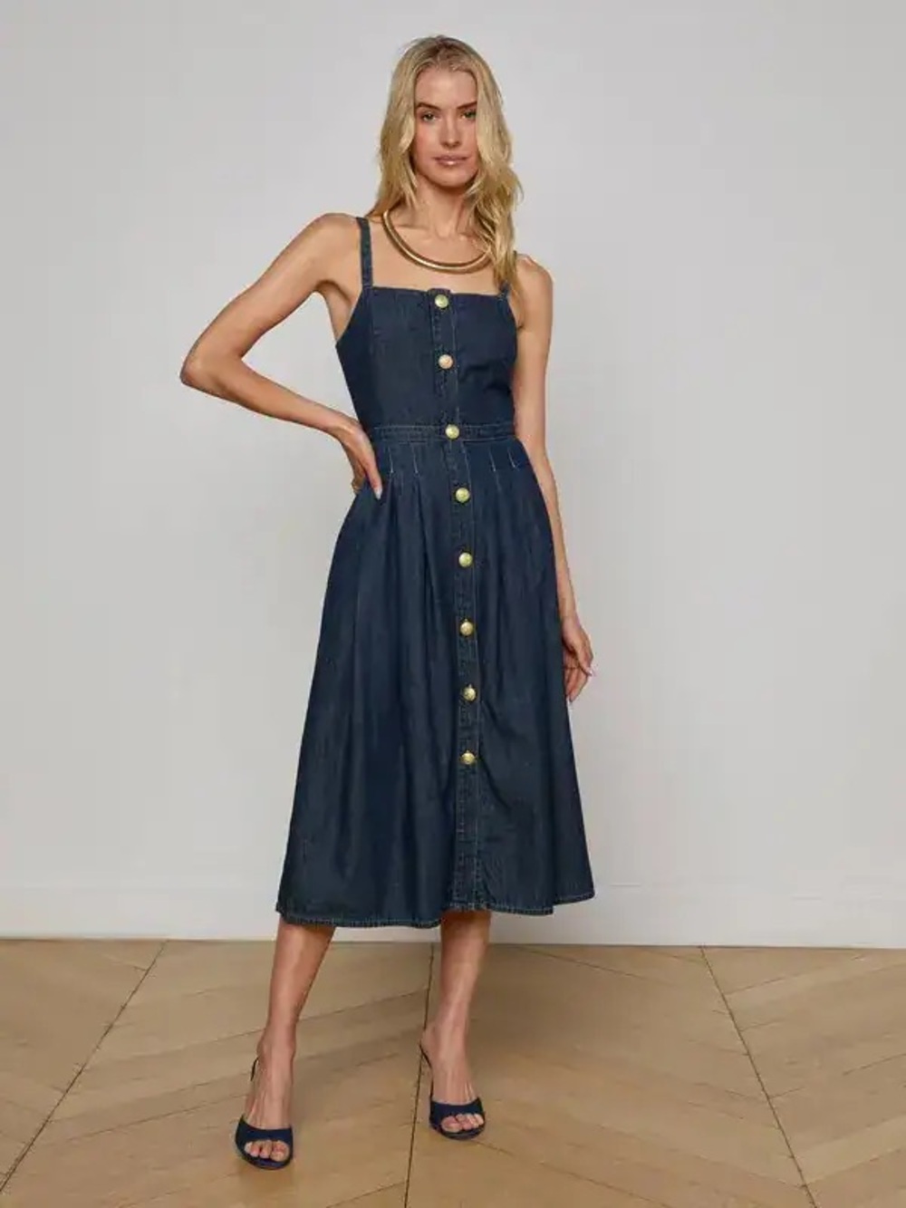 L’AGENCE Esmeralda Chambray denim midi Dress dark blue Size 6 fit flare classic